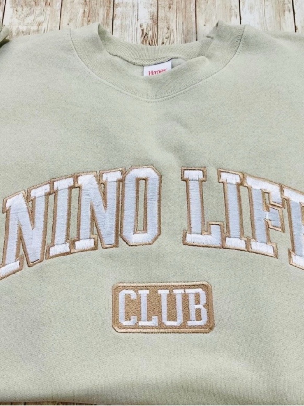 Sand Crewneck embroidered Sweater with White and Tan Lettering